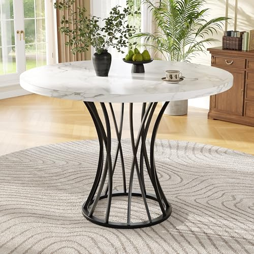 Merax Esstisch Rund 80x80cm, Weiß Marmormuster Esstisch für 2-4 Personen, Metallrahmen, verstellbare Tischbeine, Industrie-Design, geeignet für Restaurant,Wohnzimmer,Küche,Esszimmer,Weiß/Schwarz