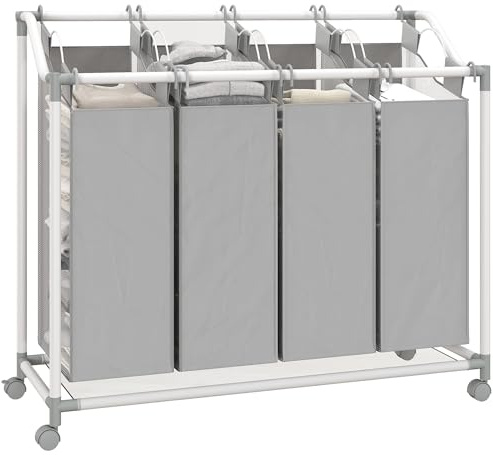 HOMCOM Wäschekorb mit 4 Fächer 160 L Wäschesammler mit Rädern, herausnehmbarer Wäschesack, Laundry Baskets Wäschebox Wäschesortierer Wäschewagen für Waschküche Schlafzimmer Badezimmer Grau