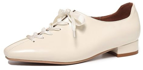LarDorLin Donna Square Toe Business Comodo Tacco Basso Scarpe Largo Fit Ufficio Lavoro Senza Chiusura Loafer Braid Classico Oxford Beige Numero 34 EU