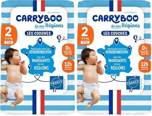 CARRYBOO - Couches Taille 2 (3-6kg) - Saines et Ultra Absorbantes - 12h Anti Fuites - Sans substances indésirables - Fabriquées en France - Pack 50 Couches Jetables (Lot de 2)