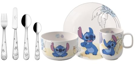 Villeroy & Boch – Disney Stitch barnservis 7 delar, tål maskindisk och mikrovågsugn, porslin och bestick för barn, premiumporslin
