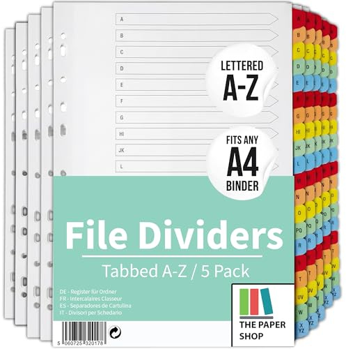 The Paper Shop File Dividers A4 A-Z - Alphabetical Index Tabs (5 Pack) | Alphabetical Dividers for Ring Binders & Lever Arch Files | A to Z Subject Dividers for Home Office & School