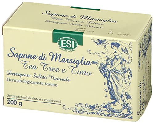 ESI - Sapone di Marsiglia Solido, con tea tree e timo, Idrata, Nutre e Lenisce la Pelle, Azione Protettiva della Cute, Dermatologicamente Testato, Senza Profumi e Coloranti, 200 g
