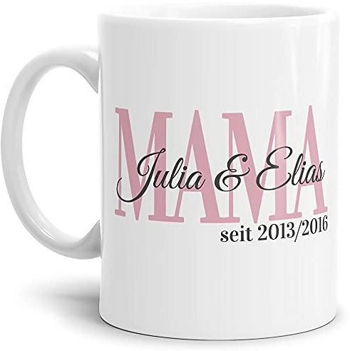Tasse - Mama seit - zum selbst Gestalten mit Kindernamen und Geburtsjahren - Geschenk für die beste Mama - Keramiktasse, Weiß Glanz, 300 ml
