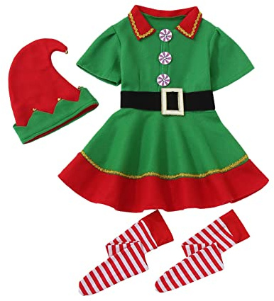 MaNMaNing Natale Set Famiglia Costumi Bambina Costume da Elfo Vestito Famiglia Bambini Ragazza Carnevale Gonna Cappelli Calzini Christmas Santa Costume per Natale St Patrick Day Carnevale e Cosplay