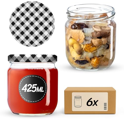 KADAX Syltburkar 425 ml, Matlådor, Matförvaring, Konserveringsburkar med Skruvlock, Glas med Skruvlock, Förvaringsburkar för Sylt, Konserveringsdörrar, Honung (Svart Rutig/6 Stycken)