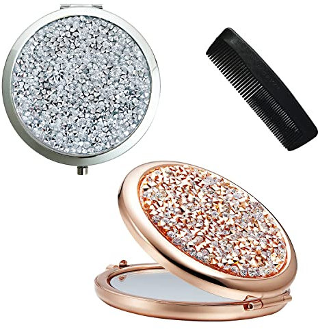 2 pezzi di specchio a doppia faccia rotondo, con 1 pettine di plastica, specchio tascabile portatile, specchio pieghevole con bottone a pressione, specchio cosmetico da viaggio