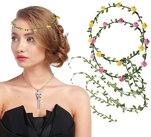 WeddHuis 2Pcs Blumenkranz Haare Blumenkrone Damen Mädchen Boho Blumen Haarband Braut Rosen Haarreif Stirnband mit Blättern Hochzeit Party Kommunion Geburtstag Kopfschmuck(B)