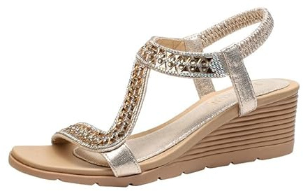 Sandales Compensées à Bout Ouvert pour Femmes D'été avec Strass Sandales De Plage Romaines Confortables Taille 35-42 EU (38,Or)
