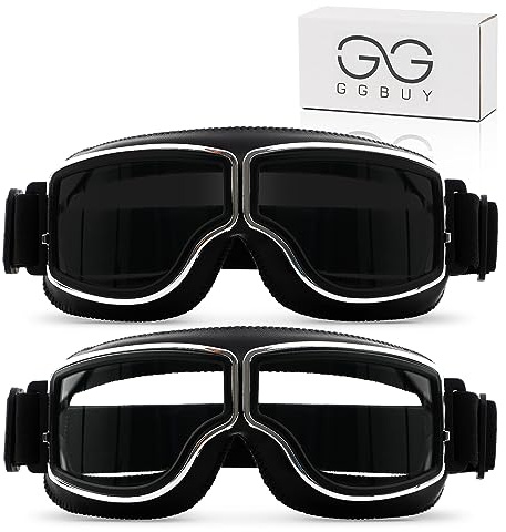 Motorcycle Goggles Vintage Pilot Glasses Anti Fog Dustproof ATV Off Road Motorbike Helmet Eyewear Cruiser Scooter Aviator Goggles Protect for Ridding Motorcross Racing (Black/Grey Lens+Clear Lens)