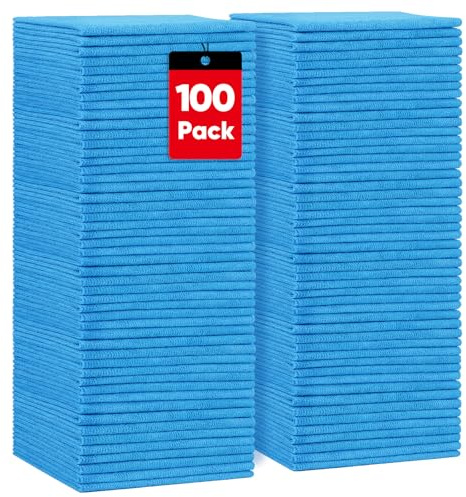 HOMEXCEL Blue Microfibre Cloth 100 Pack, Highly Absorbent Cleaning Cloths, Blue Shop Towels, Lint Free Cleaning Rags for House, Kitchen and Car, 30 x 30 cm