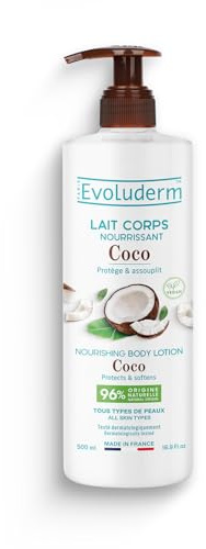 EVOLUDERM – Lait Corps Nourrissant Coco – 500 ml – 96% d’Origine Naturelle – Végan – Fabrication Française
