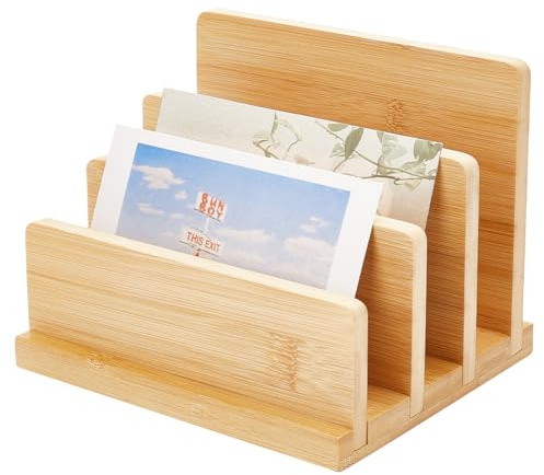 FINGERINSPIRE Soporte para tarjetas postales de madera de bambú, 4 pisos, color marrón arena, soporte para literatura, folletos, organizador de folletos, estante de almacenamiento, expositores de