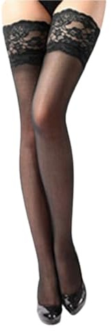 HzDazrl Women Lace Top Thigh High Sheer Stockings Sexy See Through Socks Club Party Over Knee Stockings (Black, ONE SIZE)