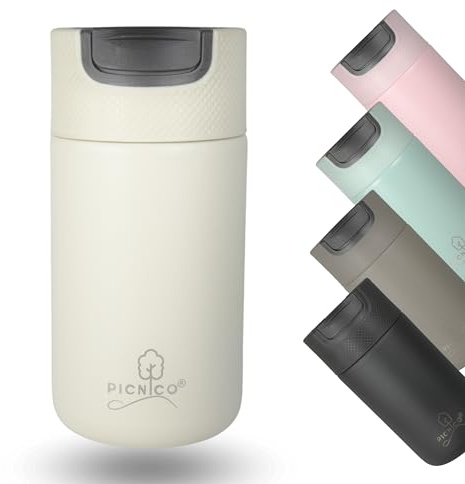 Picnico® - Kaffeebecher to go 400ml aus Edelstahl mit Drehverschluss beige (auslaufsicher, isoliert) - Thermobecher für Kaffee & Tee hält 4h warm - Thermo-Flasche & Coffee-Becher mit Deckel