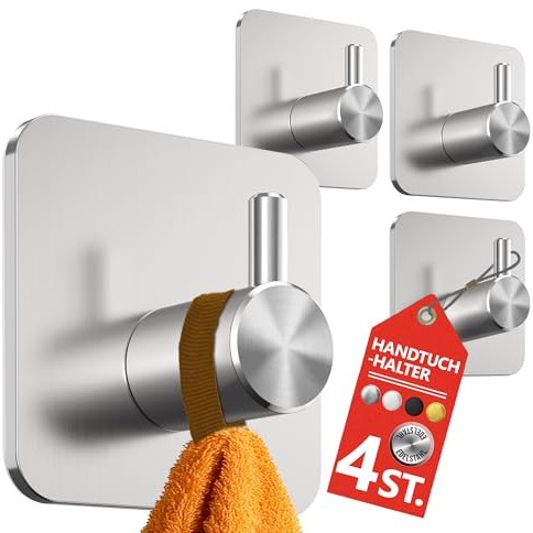 4smile Portasciugamani senza foratura, 4 pezzi in argento – Porta asciugamani da bagno impermeabile gancio in acciaio inox gancio adesivo per bagno, cucina – Gancio extra forte autoadesivo