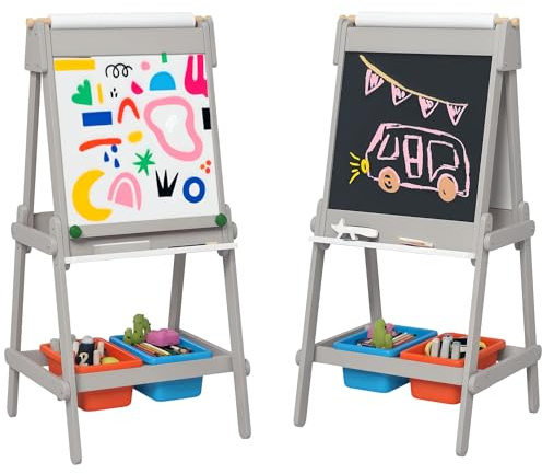 AIYAPLAY Art Easel for Kids with Paper Roll, Double Sided Painting Easel with Chalk Board, White Board, Eraser, Storage Boxes