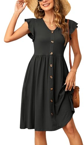 SENBATU Vestidos de Verano Vestido de Playa con Cuello en V y Mangas con Volantes para Mujer Vestido Midi Plisado con Bolsillos S-2XL 34-52