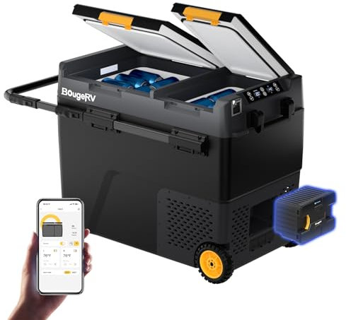 BougeRV CRD2 57L Glacière Portable avec Batterie de 173 Wh Double Porte Deux Zones avec Roues Congélateur Réfrigérateur à Compression 12/24V 220V pour Voiture Contrôle APP -20~20°C (Poignée Aluminium)