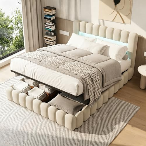BRILVERDE Cama tapizada 180x200 con Almacenamiento hidráulico, Cama Doble con LED y USB, Cama Juvenil con Cabecero Acolchado y Base de Láminas, Lino (Beige, 180 x 200cm