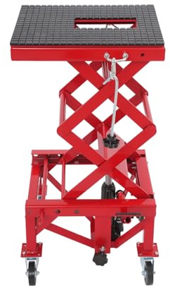 Xingfx Plataforma hidráulica para motocicleta, 200 kg, altura ajustable 35 – 87 cm, con ruedas y bloqueo, elevador de motocicleta con revestimiento de goma y orificio de drenaje de aceite, color rojo