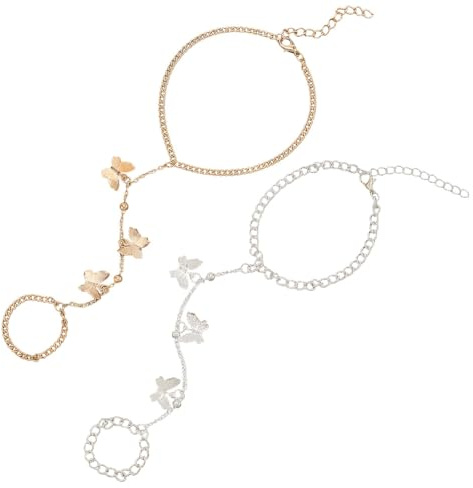 CABODYALS 2 Bague Papillon Argentée et Dorée Chaîne de Main Style Bohème Délicat en Alliage Réglable Bracelet Ensemble de Bijoux Tendance pour Femme Costume Fête Mariage Accessoires