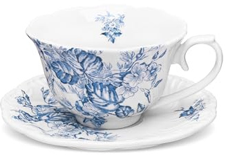 fanquare Set di Tazze e Piattini Vintage, Tazze da Tè in Porcellana Fiore blu, Elegante Tazza da Caffè e Piatto per Merenda, Regali di Natale 250ml
