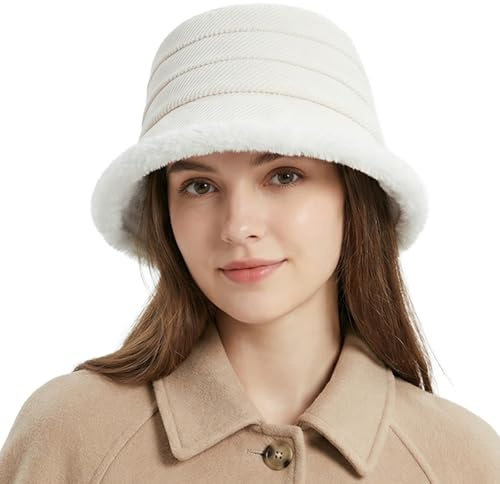 HIQIU Vintage klockhatt damer vinter varm fiskarhatt vikbar vinterfleece fodrad vintermössa hinkhattar för utomhus vandring resor, Vit, one size