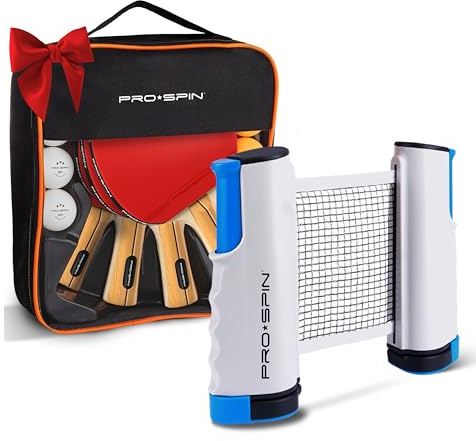 PRO-SPIN Ping Pong Paddles Bundle with Retractable Table Tennis Net – High-Performance Ping Pong Set with 4 Premium Table Tennis Paddles, 3-Star Balls and Storage Case Included – Gifts for Families