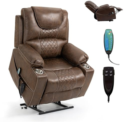 RHHVVR Oversized Power Lift Recliner Chair for Big and Tall 400 LBS, 25 Large Electric Recliner Chair with Massage and Heating, 180° Lay Flat Zero Gravity Recliner Sofa, Leather, Coffee Brown