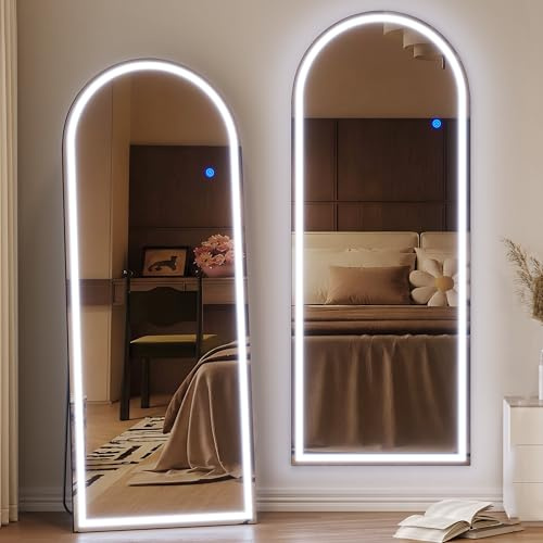ZKIODV 165 x 65 cm, välvd helfigursspegel med LED-belysning, väggspegel med belysning, helfigursspegel med välvd överdel, vertikal hängspegel, stor golvspegel för sovrum och vardagsrum (Svart)