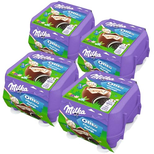 Milka - 4 Œufs Coques Chocolat et Oreo - Œufs de Pâques en Chocolat - Fourrés aux Éclats de Biscuit Oreo - Idée Cadeau - Chocolat à Offrir - 4 Boite de 128 g