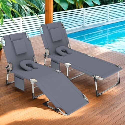 Juego de 2 tumbonas plegables, tumbonas de playa plegables con reposacabezas en U、bolsa, agujero de la cara y respaldo reclinable, sillón relajado, silla de camping,antracita