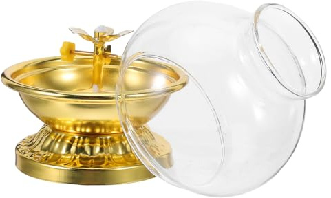 Cabilock Lampe à Huile Bouddhiste en Alliage, Porte-Bougie Chauffe-Plat Abat-Jour en Verre 10 Cm, Lampe à Pétrole Ouragan Réglable, Décoration D’autel et Prière Intérieure Vintage