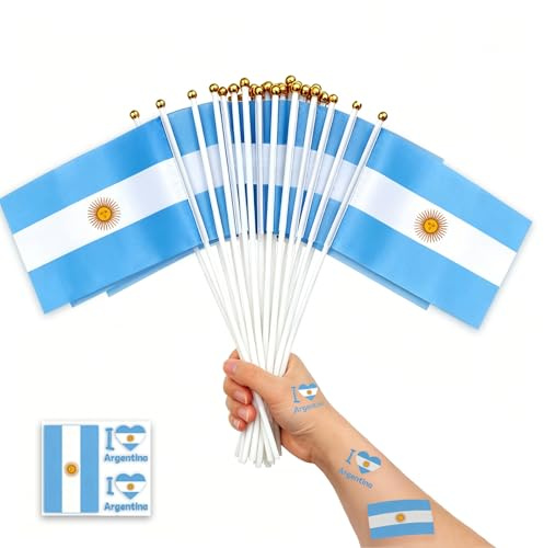 LIANRISES 30Piezas Bandera de Mano Argentina(14x21cm)& 30Hojas Tatuajes Temporales para Copa del Mundo,Eventos Deportivos,Peregrinación de Vaqueros,Día Nacional,Desfile, Decoración de la Fiesta Fútbol