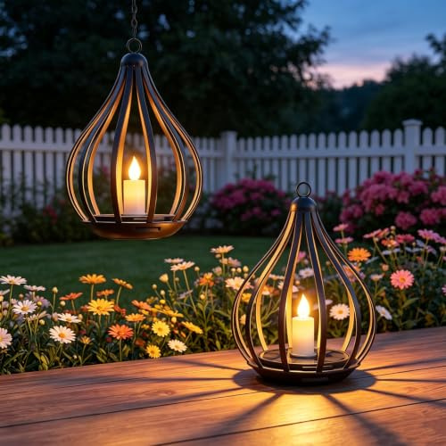 Solmora Farolillos Solares Exterior, 2 Piezas Lampara Solar Colgante con Velas de llama, IP65 Impermeable luces Solares, Decoración Jardín Exterior para Terraza, Balcón, Camping, Navidad, Halloween
