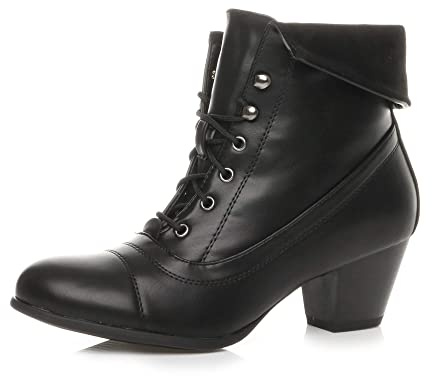 Ajvani Womens Ladies mid Heel lace up Vintage Fur Cuff Pixie Ankle Boots, Black Matte, 8 UK