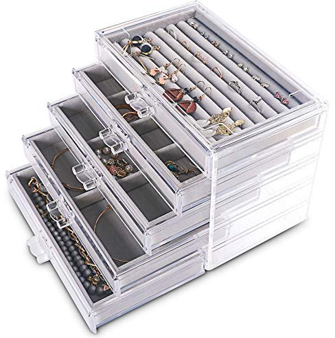Frebeauty Portagioie extra large in acrilico per donna a 5 strati trasparente organizer per gioielli in velluto con 5 cassetti, anelli, espositore per collane, vassoio per donne e ragazze (Grigio)