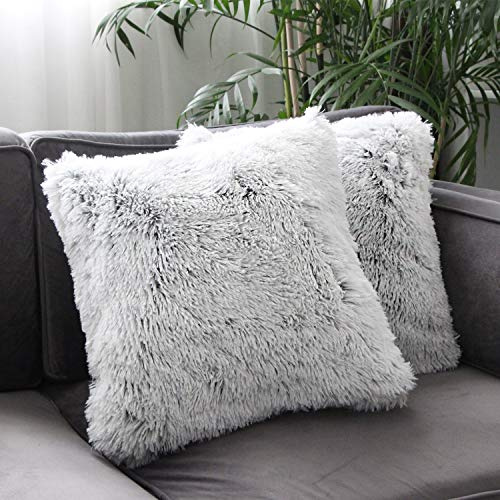 Uhomy 2 Packs Fluffy Plush Pillow Cover 18x18, Luxury Gray Soft Fuzzy Faux Fur Throw Pillow Cover Cushion Case for Sofa Bed, Fall Winter Home Decorative Gray Ombre 45x45 cm Two Sides Fur