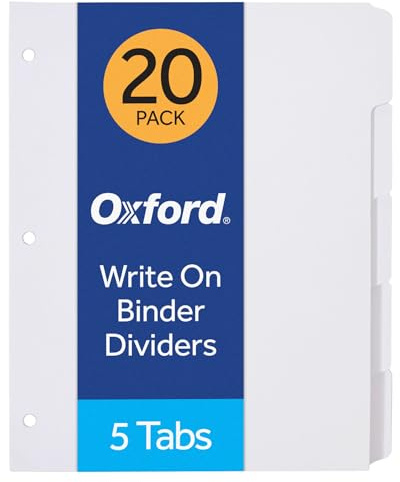 Oxford Blank Write On Binder Dividers, 1/5 Cut Tabs, 3 Hole Punch Dividers in 5 Tab Sets, 100 Dividers, 20 Sets, White (89981)