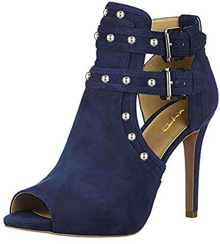 XYD Women Chic Studs Peep Toe Ankle Bootie High Heel Pumps Buckled Double Straps Cutout Fashion Party Shoes (Navy, Size 11)