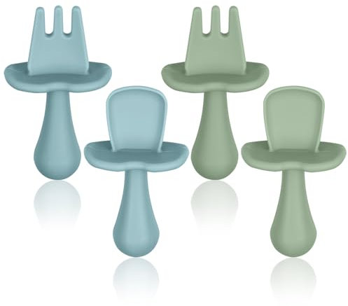 Vicloon Silicon Babylöffel und Gabel Fütterung Set,4 Stück Kinderbesteck Esslernbesteck, BPA Frei Baby Gabel und Löffel Set, Baby Besteckset ab 1 jahr (blau+grün)