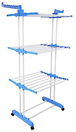 Wilitto Airer Clothes Drying Rack on Wheel, 3 Tier Folding Dryer Hanger with Rolling Garment Rack, Clothes Horses Rack with Two Side Wings Laundry Racks, Laundry Garment Dryer Stand