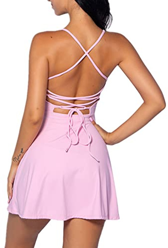 Robe de Tennis Femme avec Soutien-Gorge intégré et Short avec Poches Femme Robe de Sport Golf Athlétiques avec Bretelles Réglables Décontracté Robe d'été Mini Robe Elégant Slim Fit Rose M
