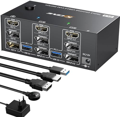 Triple Monitor KVM Switch 2 Displayport + HDMI, 8K@60Hz KVM-Switches 4K@144Hz, USB 3.0 KVM-Switch 2 PC 3 monitor, KVM-Switcher Displayport 1.4 + HDMI 2.1 per 2 PC parti mouse, tastiera e 3monitor