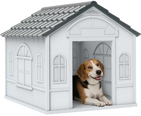 PawHut Weather-Resistant Dog House, Puppy Shelter for Medium Dogs - Grey