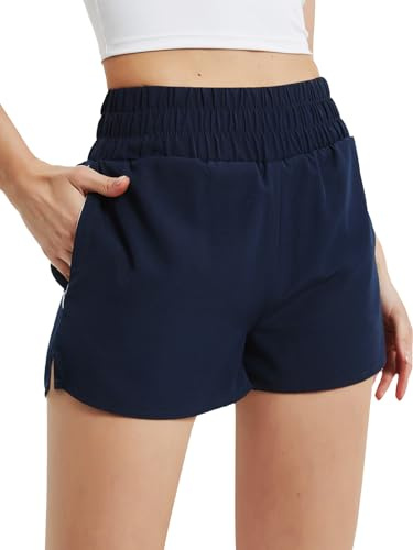 Soudittur Badeshorts Damen Badehose Hohe Taille Schnell Trocknende Boardshorts Wassersport 2 in 1 Laufhose Kurz Sporthose mit Reißverschlusstasche (XXL, Blau)