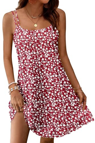 WNEEDU Vestido Mujer Verano Sin Mangas Ligero con Tirantes Finos Corto hasta la Rodilla Cuello Vestidos Redondo Informal Flores Rojas XL