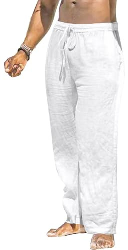 MakingDa Pantaloni da uomo in lino e cotone con tasche Casual Estate Classical Leggero Cinturino in Vita con coulisse Pantaloni Yoga Relaxed Elastic Beach Traspirante Gambe Dritte Bottom Bianco 36 4XL