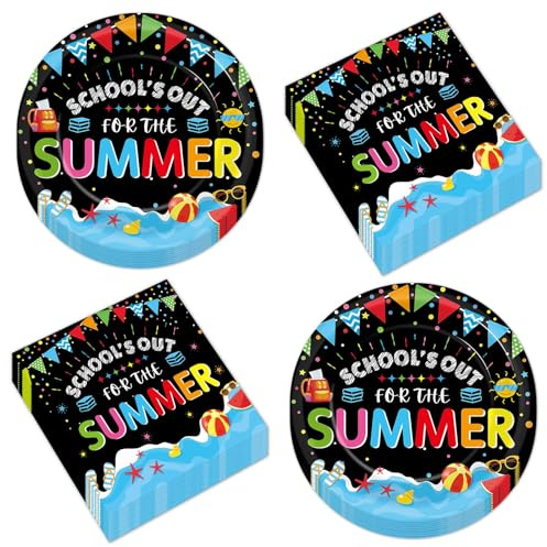 CHUNNIN 50Pcs End of School Year Paper Plates and Napkins School's Out for Summer Dessert Plates Summer Theme Party Decorations Tropical Pool Tableware Set Serves 25 Guest Beach Party Supplies